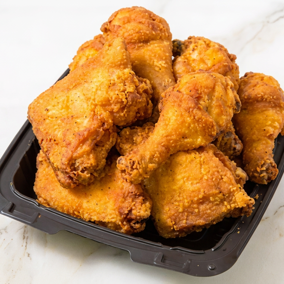Crispy golden fried chicken pieces piled in a black takeout tray on a white marble surface.
