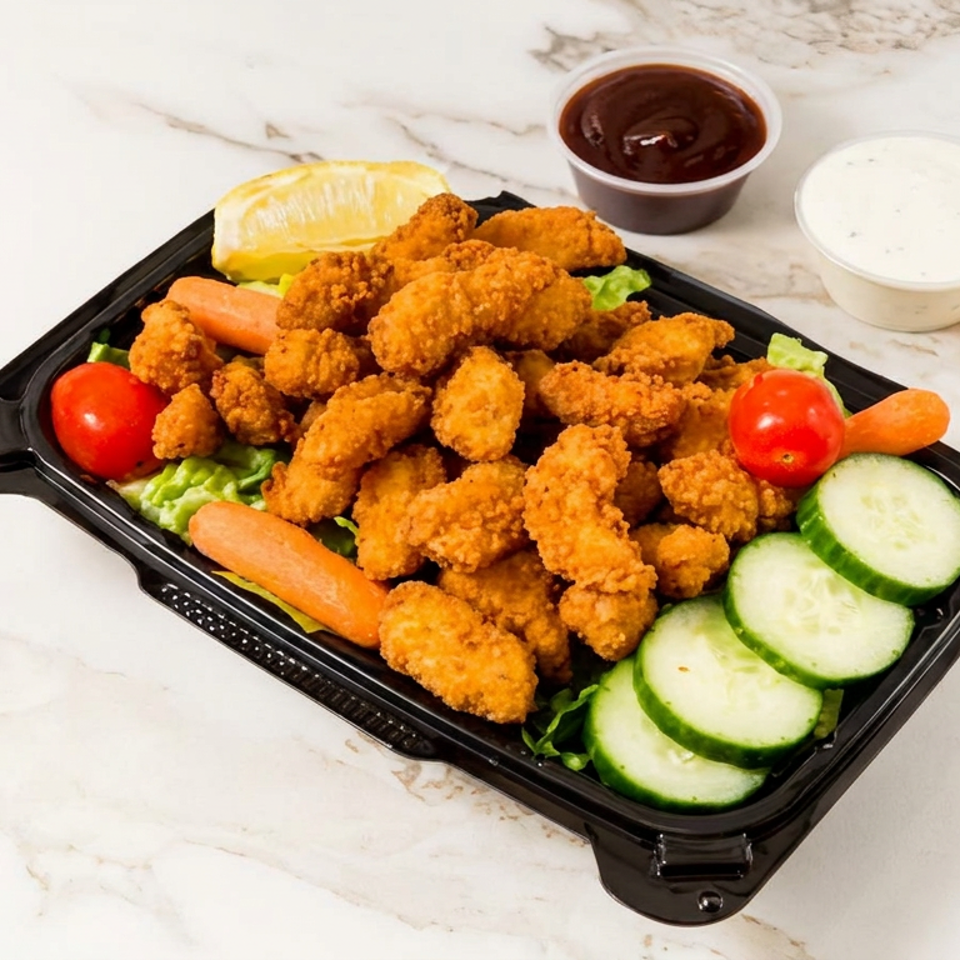 Crispy fried chicken pieces served with lettuce, carrots, tomatoes, cucumber slices, lemon, barbecue sauce, and creamy dipping sauce.
