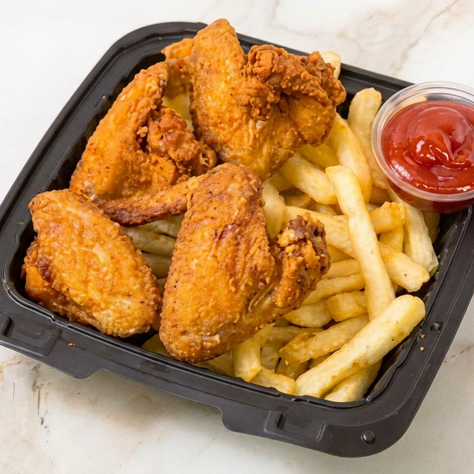 Black tray filled with crispy fried chicken pieces, French fries, and a cup of ketchup on a marble surface.