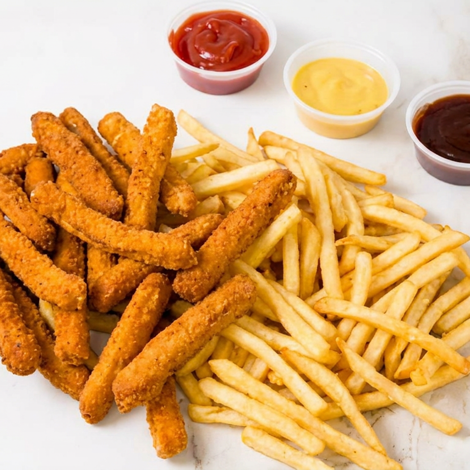 Crispy breaded chicken tenders and golden French fries served with ketchup, cheese sauce, and barbecue dipping sauces.