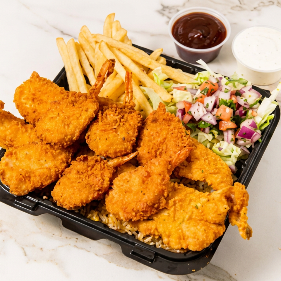 Black takeout tray filled with golden fried chicken tenders and shrimp, French fries, rice, chopped salad, barbecue sauce, and creamy dressing.