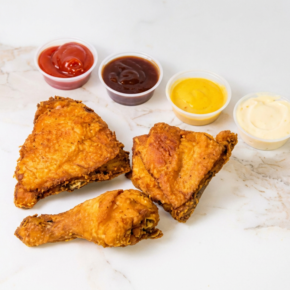 Three pieces of golden fried chicken arranged with ketchup, barbecue sauce, mustard, and mayonnaise dipping cups on a marble surface.