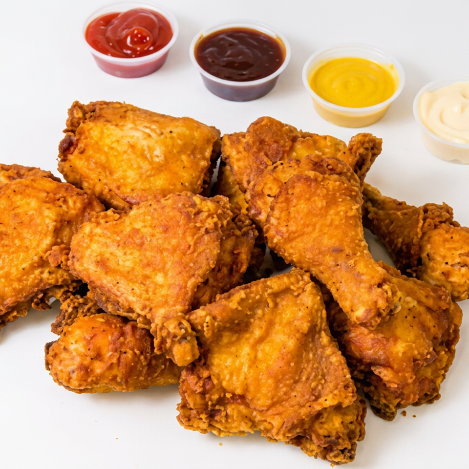Pile of golden fried chicken pieces served with ketchup, barbecue, mustard, and mayonnaise dipping sauces.