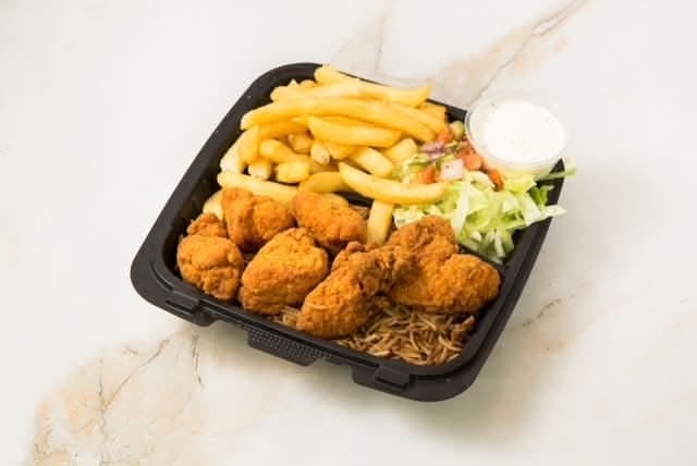 Boneless Wings Over Rice.
