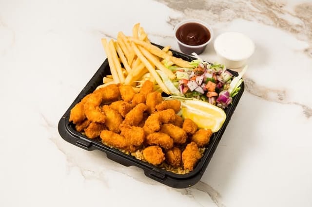 FRIED SHRIMP OVER RICE.